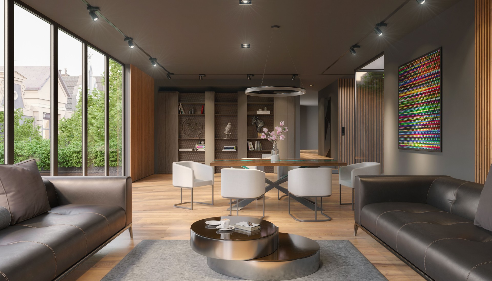 3d rendering of a luxurious apartment with large windows.